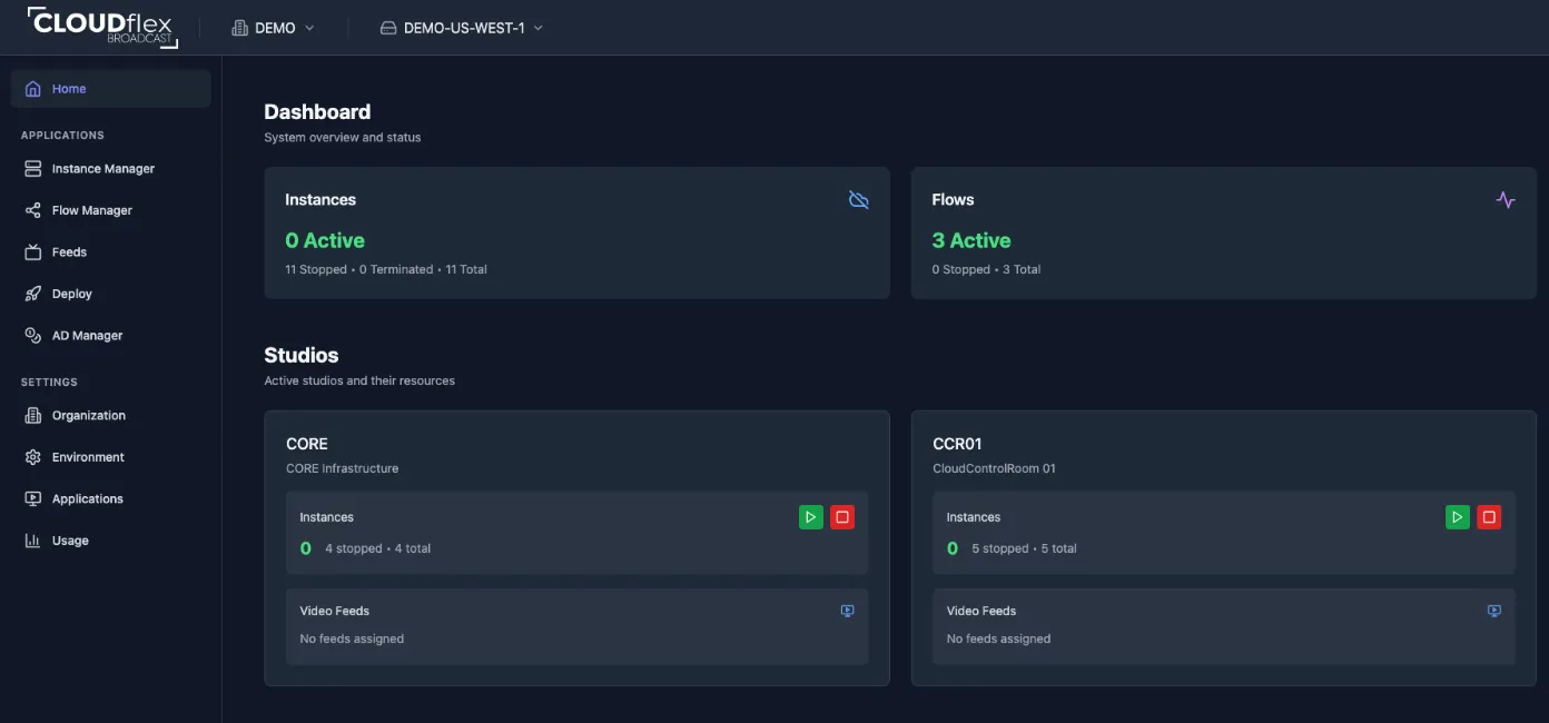 CLOUDflex dashboard showing instances, flows, and studios